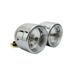 Phare avant OPTIQUE MOTO DOUBLE DIAM 90 mm LAMPE H4 FEU POSITION CHROME ENTRAXE FIXATION 210mm HOMOLOGUE CE
