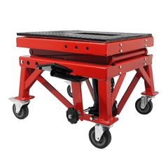 LEVE - PONT TROTTINETTE HYDRAULIQUE A COLONNE SUR ROULETTES HAUTEUR MINI 38cm MAXI 95cm ACIER ROUGE
