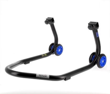 Bihr Home Track Montageständer hinten Aufnahmen in V-Form mattschwarz Räder blau Motorradheber Universell