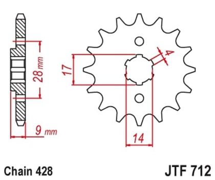 JT. Steel Standard 712 - 428 Gearbox output pinion Ref : JTC01486A / 1129690001 
