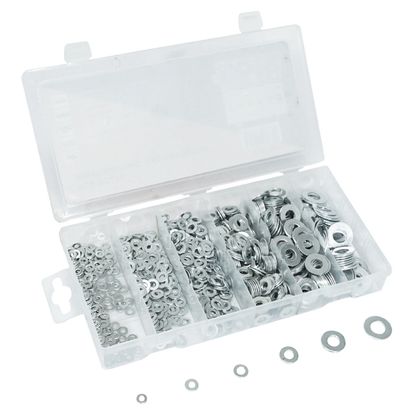 P2R FLAT WASHER STEEL 6 SIZES DIAM 3 to 10mm ASSORTMENT BOX 900 PIECES Universal Kit Visserie Moto Ref : P2R00169A / 137431 