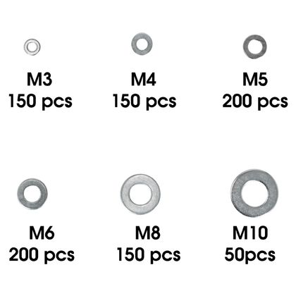 P2R FLAT WASHER STEEL 6 SIZES DIAM 3 to 10mm ASSORTMENT BOX 900 PIECES Universal Kit Visserie Moto