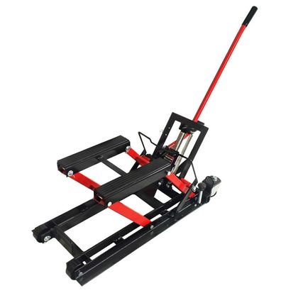 Lève moto P2R LEVE - CRIC HYDRAULIQUE CAPACITE 680 Kg 4 ROULETTES HAUTEUR MAXI 37,5 cm MINI 11 cm 600x310mm Universel