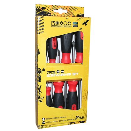 P2R SCREWDRIVER (SET OF 7 IN BOX: 4 FLAT 3 - 4 - 5.5 - 6.5mm + 3 CROSS PH0, PH1, PH2) -P2R- Universal Screwdriver