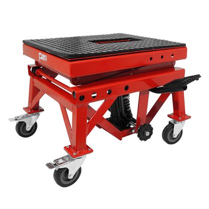 Lève moto P2R LEVE - PONT TROTTINETTE HYDRAULIQUE A COLONNE SUR ROULETTES HAUTEUR MINI 38cm MAXI 95cm ACIER ROUGE Universel