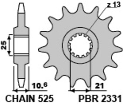 PBR Steel Standard 2331 - 525 Gearbox output pinion Ref : PBR00760A / 1077636001 