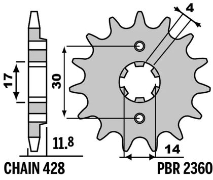 PBR Steel Standard Front Sprocket 2360 - 428 Gearbox output pinion Ref : PBR01489A / 1129688001 
