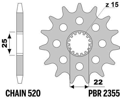 PBR standard steel 2355 - 520 15 teeth Gearbox output pinion
