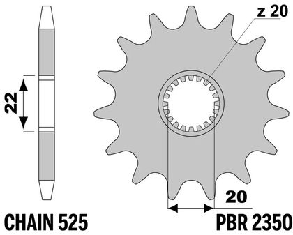 PBR standard steel 2350 - 525 14 teeth Gearbox output pinion