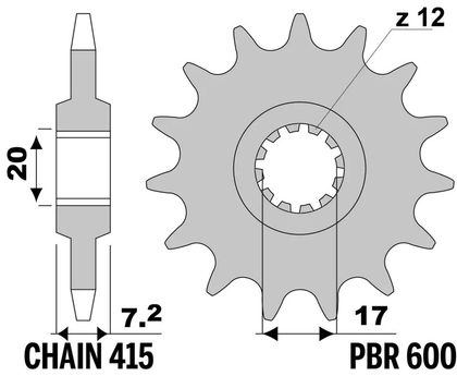 PBR standard steel 600 - 415 15 teeth Gearbox output pinion