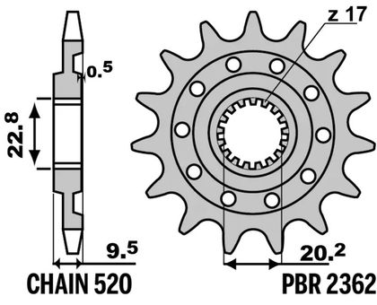PBR staal standaard 2362 - 520 12 tanden Uitgaand rondsel versnellingsbak