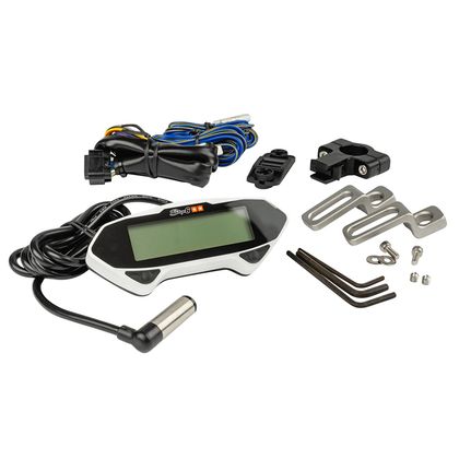 Compteur Stage 6 DIGITAL MULTIFONCTIONS RACING BLANC BRANCHEMENT SUR BATTERIE VITESSE,DISTANCE TOUR,ESSENCE CLIGNOTANTS Universel Ref : STA00085A / 222860 