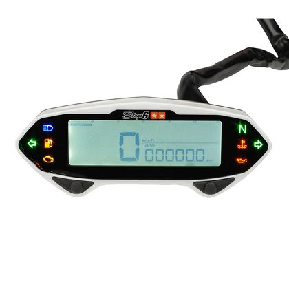 Compteur Stage 6 DIGITAL MULTIFONCTIONS RACING BLANC BRANCHEMENT SUR BATTERIE VITESSE,DISTANCE TOUR,ESSENCE CLIGNOTANTS Universel
