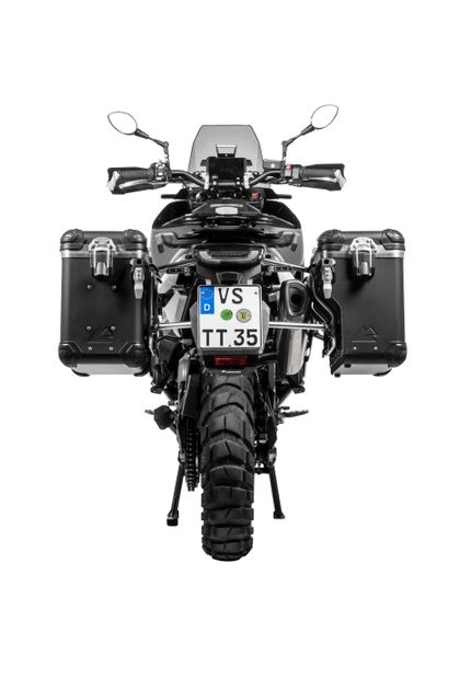 Valise Touratech ZEGA Evo X Avec déport 38/38 - Support gris inclus - Anodisé noir Ref : TRT00648A / 01-414-6817-0 