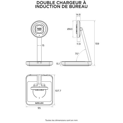 Support Smartphone Quad Lock Maison/Bureau - Double chargeur à induction MAG - Noir