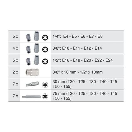 KS Tools Socket and screwdriver bit set TORX®, 1/4'' - 3/8'' - 1/2'', 30 pieces Universal Socket